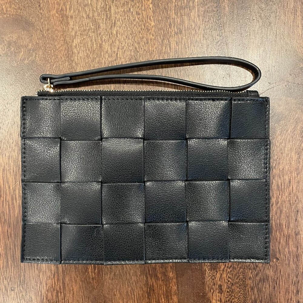 Black leather mini woven clutch